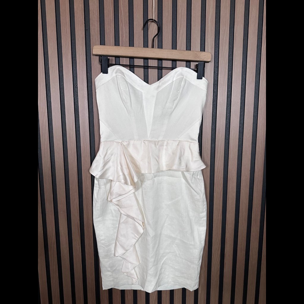 New Bebe Dress 2 / Xs Womens White Ruffled Tulip Shift Linen Blend Strapless